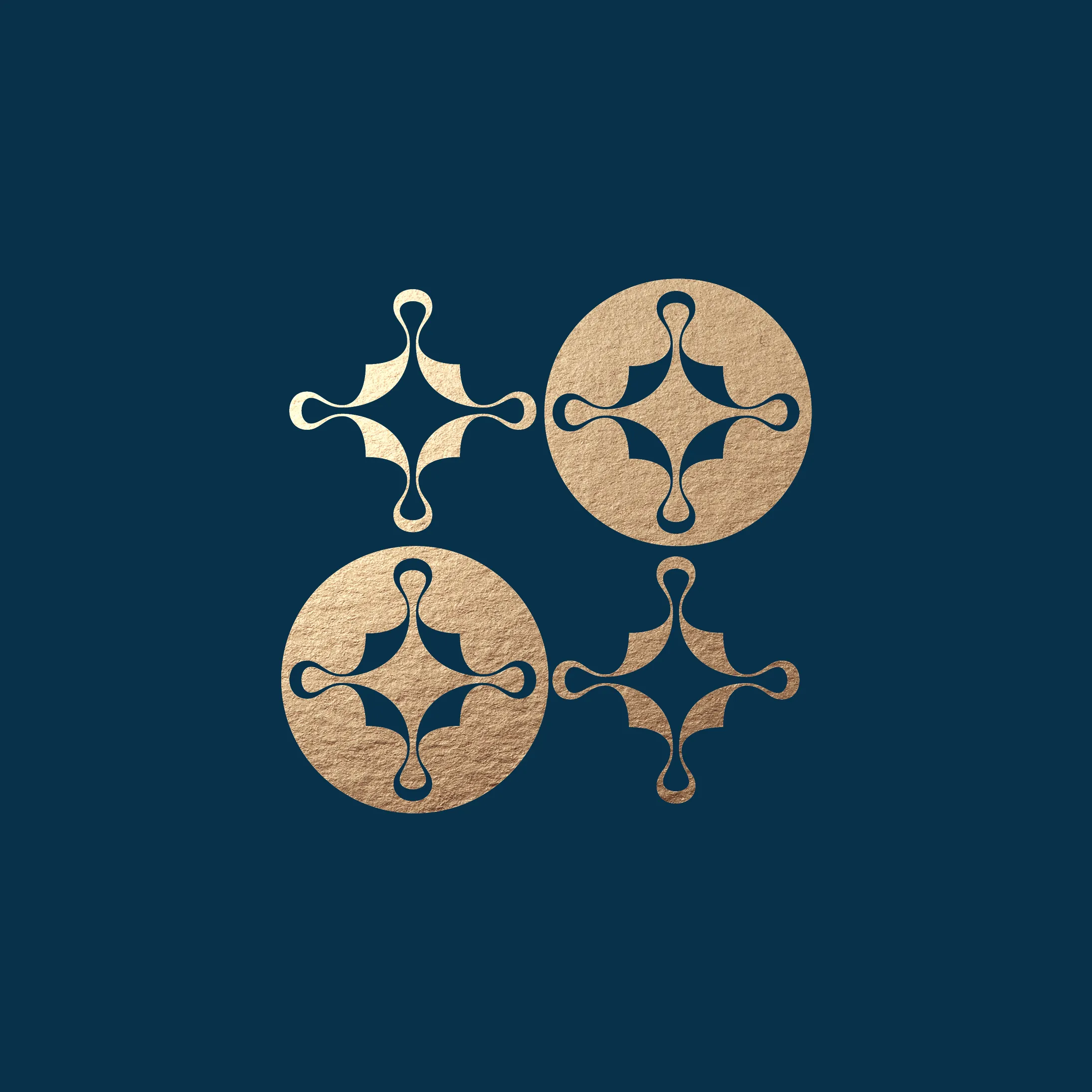 Kellas brand pattern showing the sun motif iconmark in gold on teal, displayed in circular and freestanding arrangements, designed by DotPerformance for the hospitality venue in Port St Mary, Isle of Man